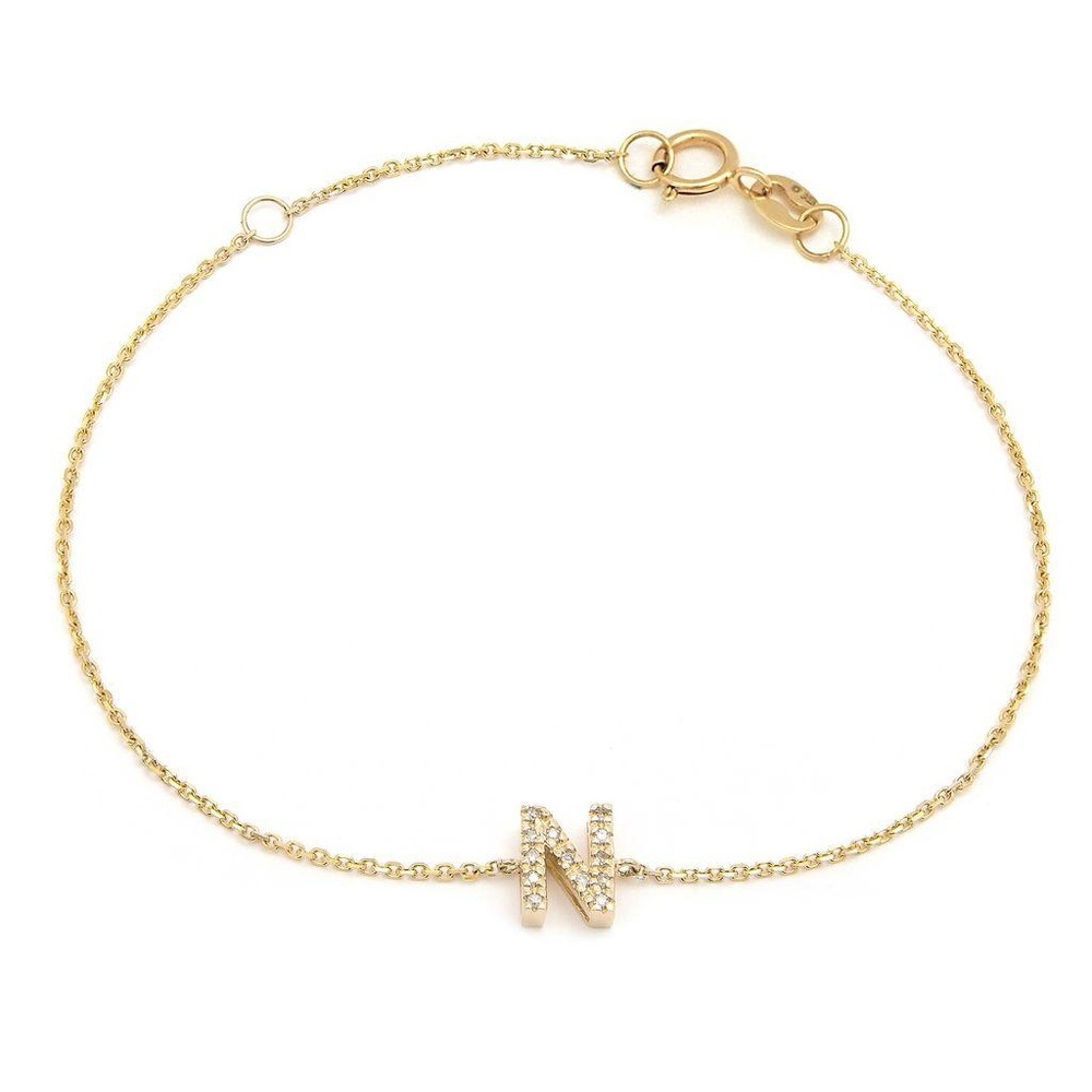 14K Real Yellow Gold Initial ”N” Single Prong Diamond Bracelet 7+1″